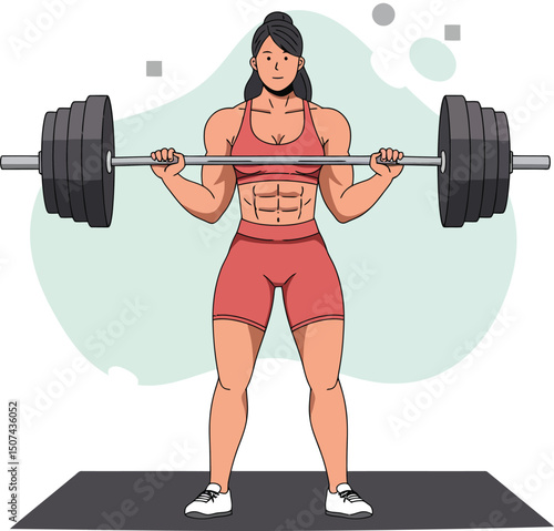 Muscular woman lifting heavy barbell weight during workout session at gym vector illustration 