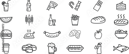 Icon set of food and drinks. Line art vector illustration on white background