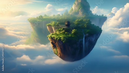 A floating mountain with a pagoda and waterfalls surrounded by clouds in a peaceful sunrise setting