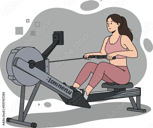 Woman Exercising on Rowing Machine Indoor Fitness Equipment for Home Workout Routine 