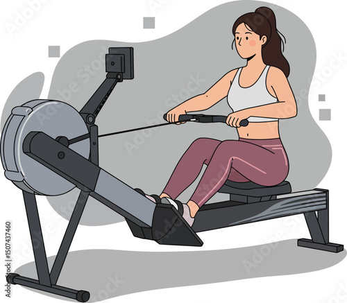 Woman exercising on rowing machine indoor fitness workout with monitor and casual sportswear vector illustration 