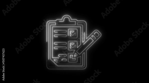 Glowing neon checklist with pencil animation on black background symbolizing tasks and processes