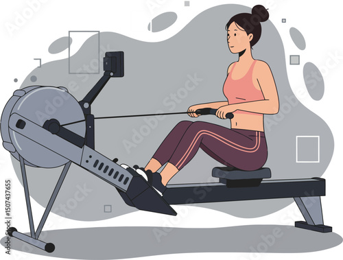 Woman exercising on rowing machine fitness equipment for home workout and health improvement vector illustration 