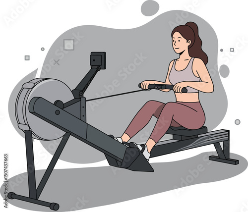 Woman exercising on rowing machine indoor fitness workout training vector illustration 