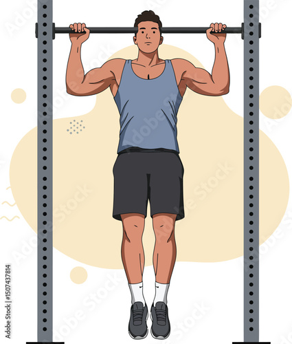 Muscular man performing pull ups exercise on fitness bar workout for strength building and health improvement vector illustration 