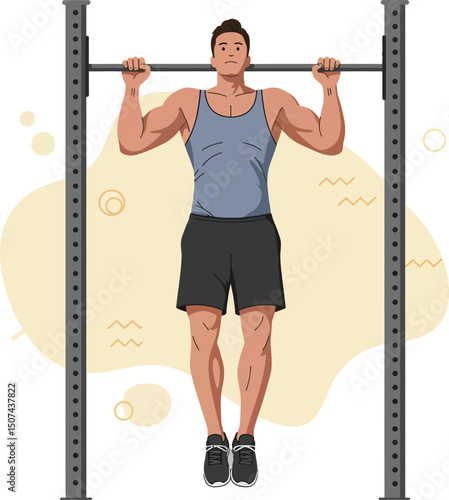 Muscular man performing pull up exercise on gym rack for fitness and strength training vector illustration 