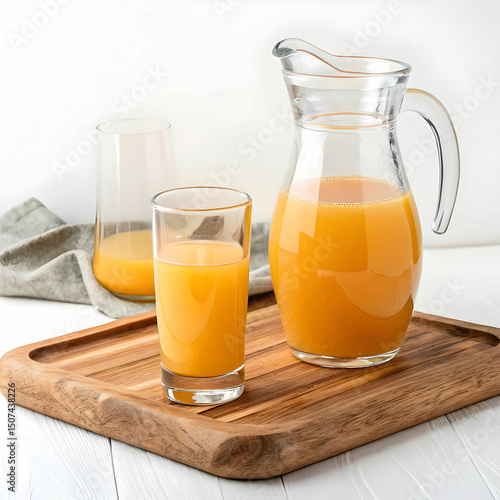 A clear glass and jug filled with vibrant, fresh orange juice sit atop a rustic wooden board