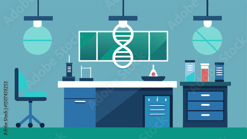 Laboratory Setup A clean modern lab space featuring sleek countertops hightech computers and bright overhead lights. A DNA helix model is displayed prominently on the wall.