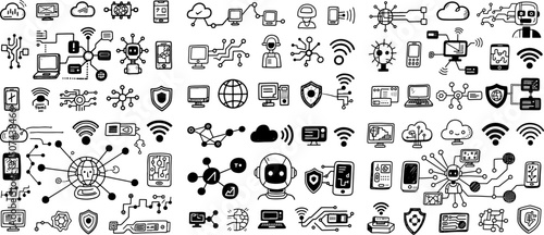 Hand-drawn collection of interconnected technology icons.