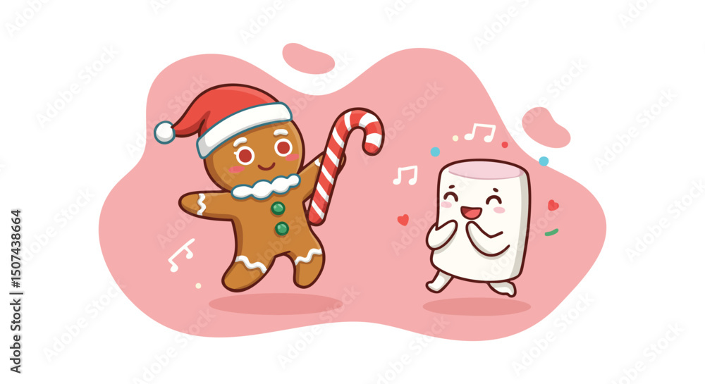 Fototapeta premium Gingerbread Man and Marshmallow Dancing with Candy Cane in Festive Holiday Scene with Pink Background 