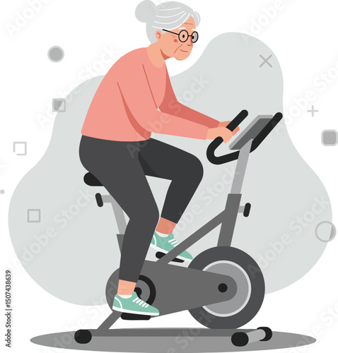 Senior woman exercising on stationary bike for healthy lifestyle and fitness activity vector illustration 