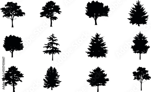 Collection of black silhouette trees showcasing various shapes and styles for design elements