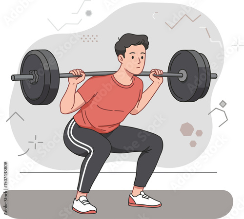 Man performing barbell squat exercise in gym workout routine for strength training and fitness improvement 