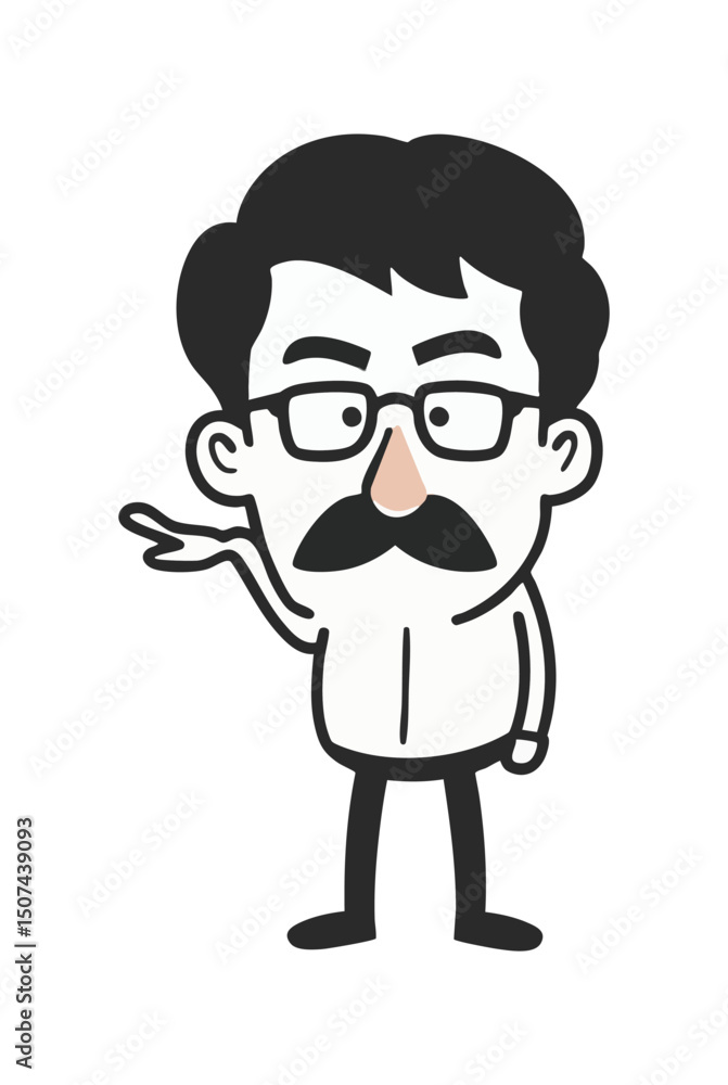 Cartoon man with glasses mustache and waving hand simple character illustration in black and white style Cartoon man with glasses mustache and waving hand simple character illustration in black and white style