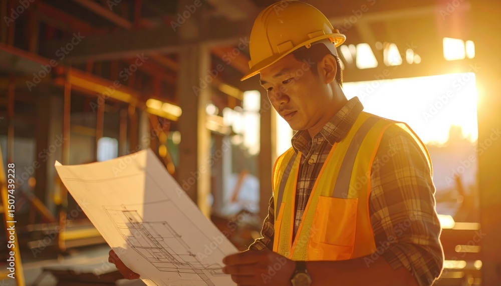 Construction engineer studying blueprints on a site at sunset, embodying planning, discipline, and human contribution in the built environment Construction engineer studying blueprints on a site at sunset, embodying planning, discipline, and human contribution in the built environment