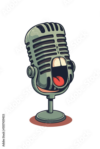Vintage microphone with expressive open mouth and red tongue cartoon character artwork illustration 