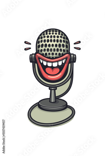Retro microphone with smiling mouth and laughter sound effect cartoon illustration for entertainment and music communication 