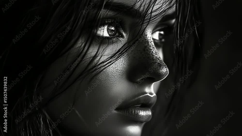 Close-up grayscale portrait of a woman's face. Close-up grayscale portrait of a woman's face.