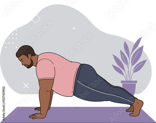 Man in pink shirt doing plank exercise on purple mat with houseplant indoor fitness vector illustration 