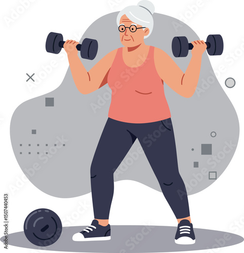 Elderly woman lifting dumbbells for fitness and strength training in casual sportswear vector illustration 