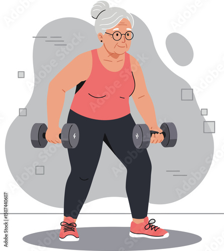Senior woman exercising with dumbbells in fitness routine for healthy lifestyle and strength training vector illustration 