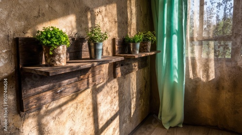 Rustic indoor plants on wooden shelves with sunlight streaming in