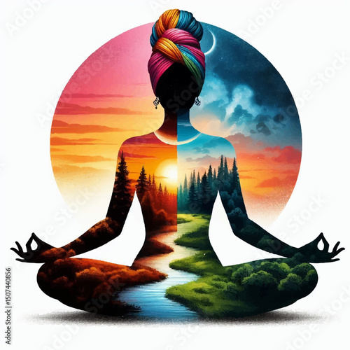 A multicolored silhouette of a meditating girl, inside which the morning and evening forest are depicted, symbolizing harmony in the soul during the day. Inner peace. Vector graphics. EPS.