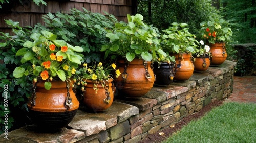 Colorful flower pots with lush plants in a garden setting