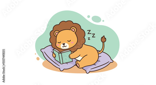 Sleeping lion cub lying on pillow with closed eyes and book in calm environment illustration 