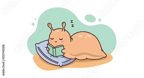 Cute cartoon sleepy snail reading book on pillow in peaceful resting scene with green background 