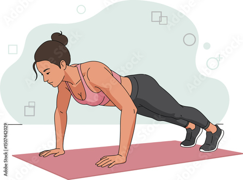 Woman doing push ups exercise on pink mat fitness and workout illustration vector image 