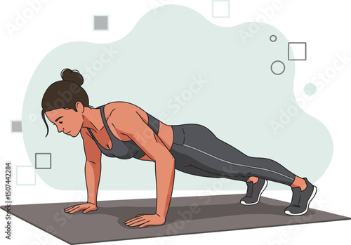 Woman doing plank exercise on mat for fitness and strength training workout session indoors 