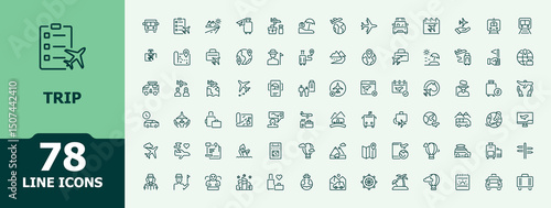 Trip icon set. Minimal thin line web icons set. Holiday icon set. Includes symbols for holiday, plane, vacation, air, tourism, tourist and more.