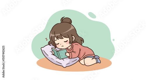 Young girl peacefully sleeping on pillow after reading book in cozy setting with pastel colors 