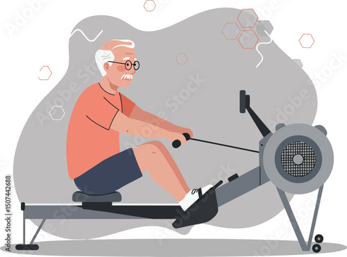 Elderly man exercising on rowing machine for fitness and health improvement in indoor gym setting 