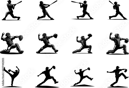 set of ilhouette illustration of baseball players in various poses