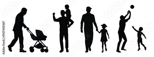 Silhouette vector illustration of fatherhood activities happy dads with children playtime