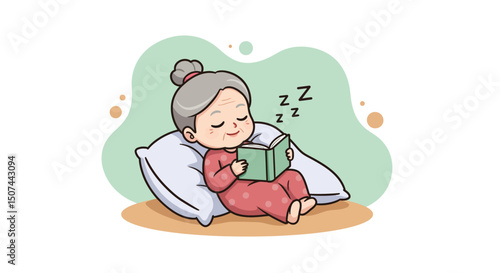 Elderly woman sleeping peacefully while holding book in cozy bedroom setting with soft pillow and muted background colors 