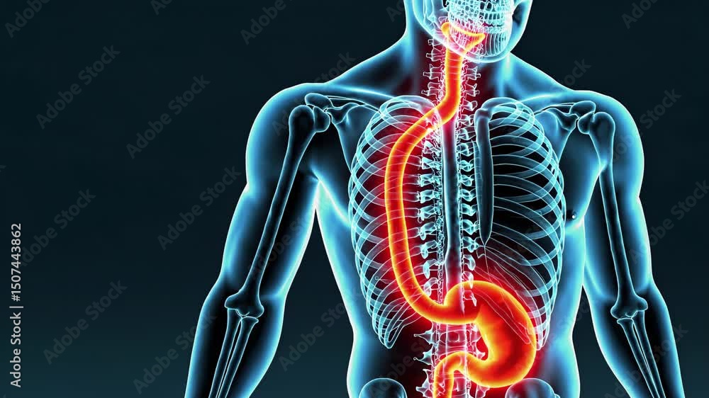 Transparent male anatomical visualization revealing digestive system ...