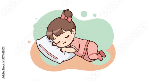 Sleeping baby girl in pink pajamas lying on white pillow with green and orange background illustration 
