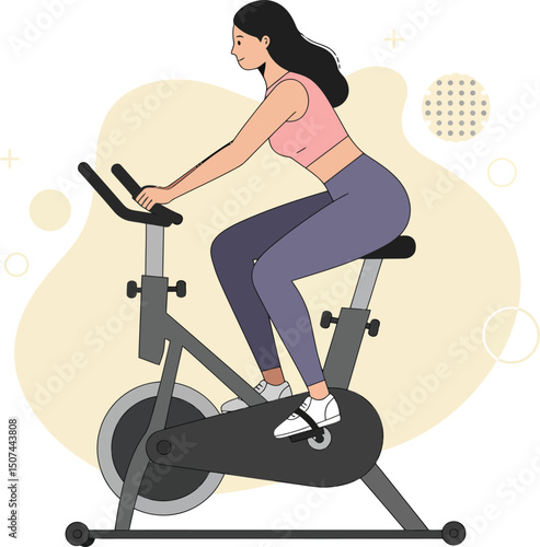 Woman exercising on stationary bike indoor fitness workout in activewear for healthy lifestyle vector illustration 