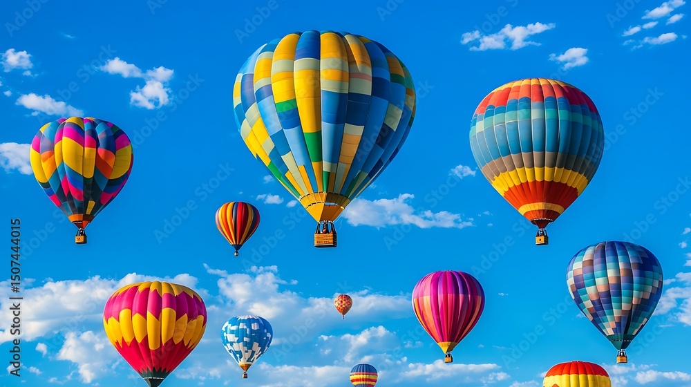 Obraz premium Colorful hot air balloons against a vibrant blue sky.