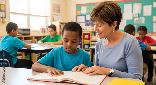 Teacher assisting a visually impaired student reading a Braille book, friendly interaction, diverse classroom with educational materials
