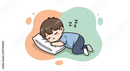 Sleeping child resting peacefully on pillow in simple colorful background cartoon illustration 