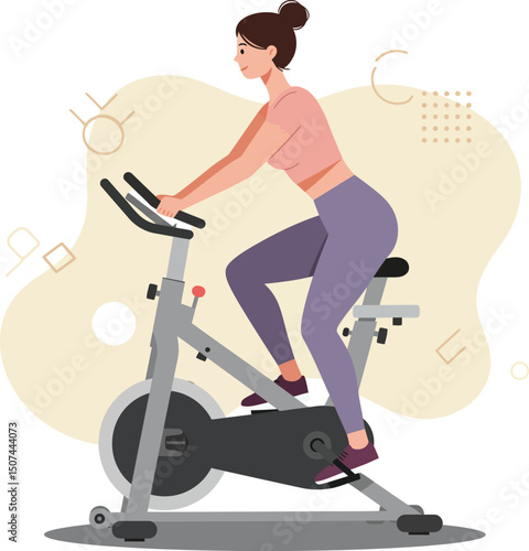 Woman exercising on stationary bike indoor fitness cycling workout vector illustration 
