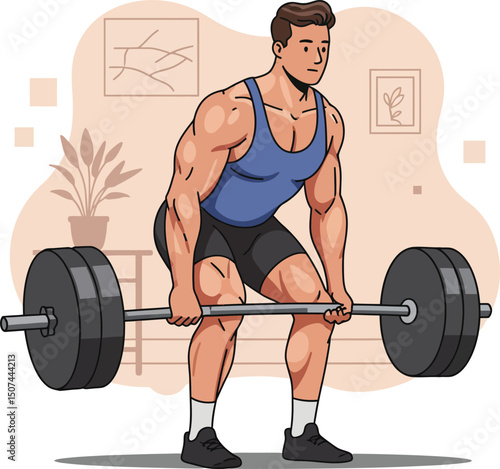 Muscular man performing deadlift exercise with barbell in home gym environment vector illustration 