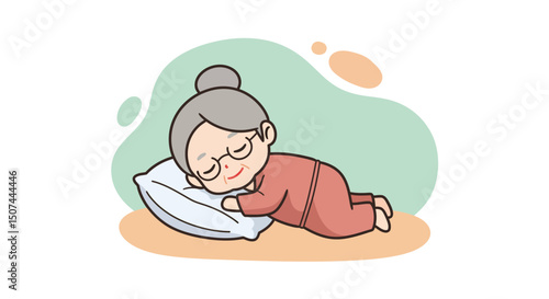 Elderly woman resting peacefully on pillow in cozy setting with calming pastel background and soft expression 
