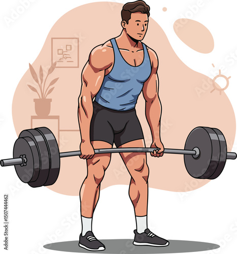 Muscular man lifting heavy barbell in home gym workout for strength training and fitness routine vector illustration 