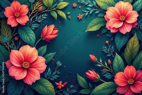 Intricate floral pattern, vibrant colors and lush leaves , botany, blue