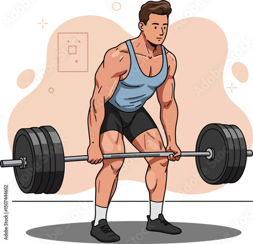 Muscular man lifting heavy barbell weight training exercise for strength building and fitness vector illustration 